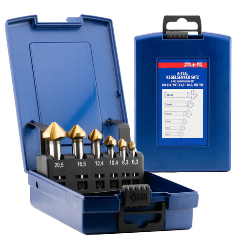 a+s Albrecht & Schulte countersink set HSS-G with TiN coating – 6-piece countersink set 90° according to DIN 335 C, for metal, wood, aluminum & plastic, in ABS case, precision ground 